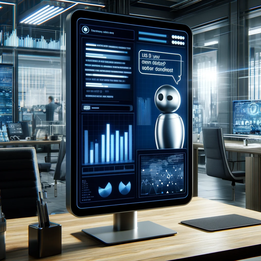 A modern digital workspace depicting a chatbot interface on a computer screen, showing a live conversation about customer purchasing habits. The screen displays graphs and analytics alongside the chat interface. The environment is a sleek, high-tech office with digital screens and modern furniture. The setting conveys a sense of advanced technology and data analysis, highlighting the use of chatbots in market research. The overall atmosphere is clean, professional, and technologically sophisticated.