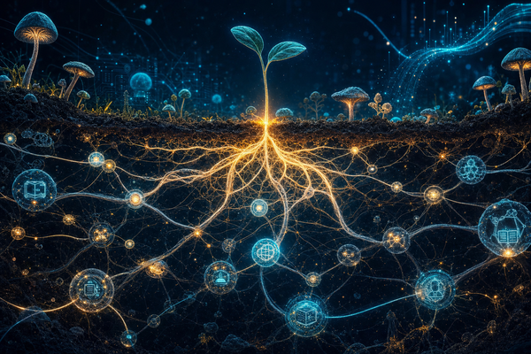 Red de micorrizas y neuronas digitales — metáfora del microaprendizaje conectivo con IA